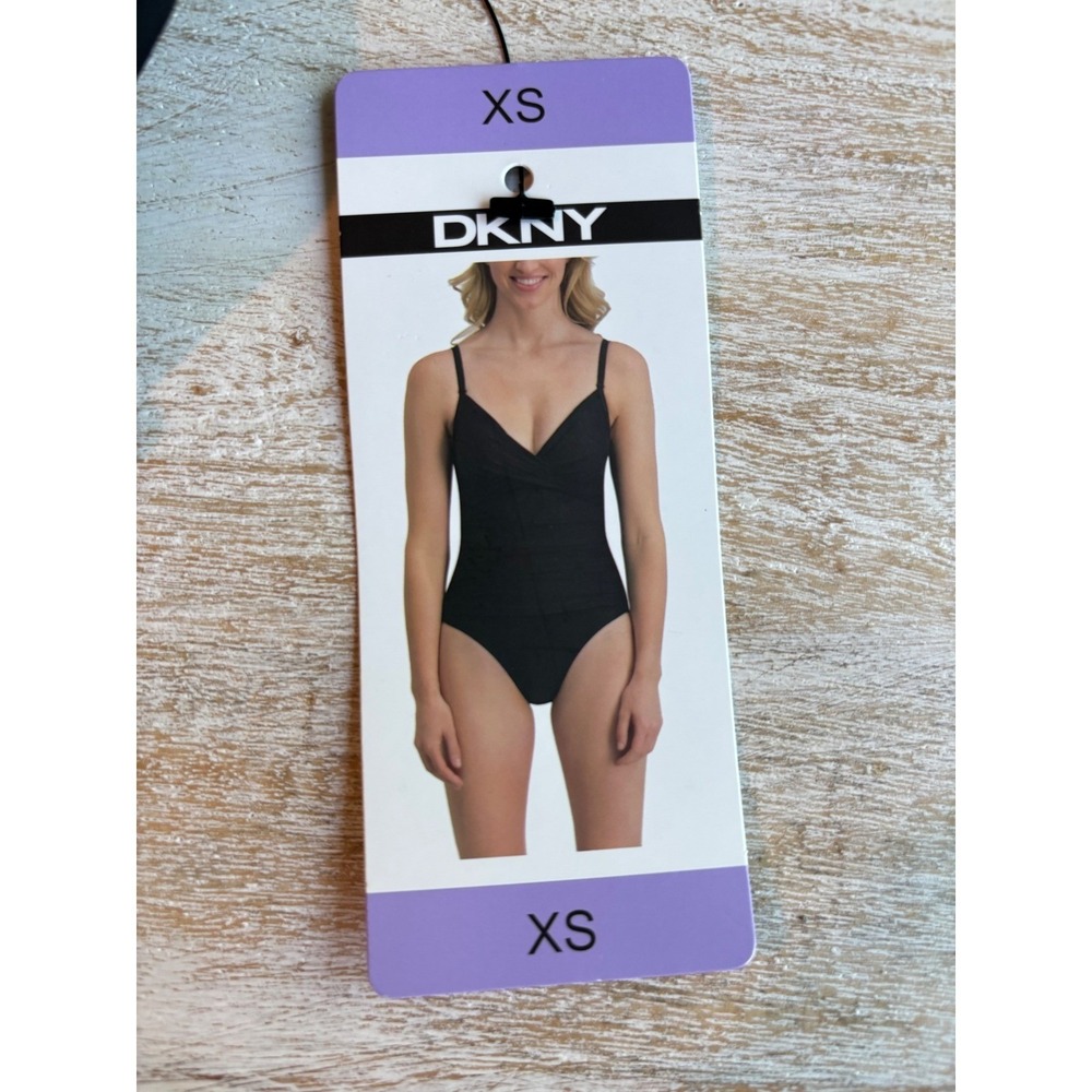NWT SIZE‎ XS DKNY One Piece Swimsuit Womens Black Ruched Wrap Front V-Neck - Picture 5 of 6